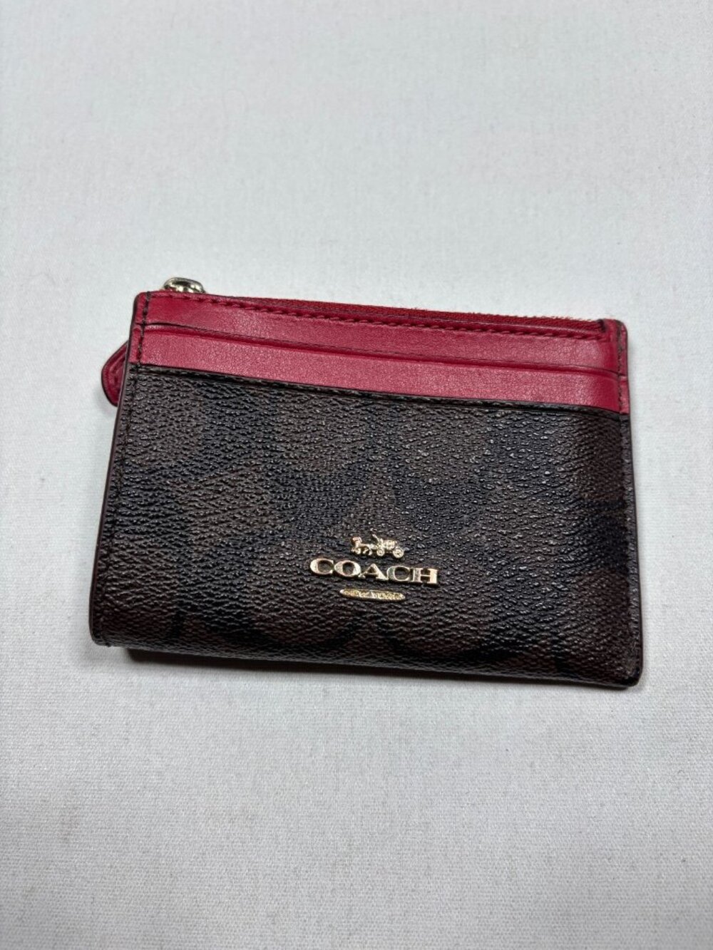 COACH Mini Skinny ID Case Signature Canvas Brown Red Walnut Bold Red Keyring